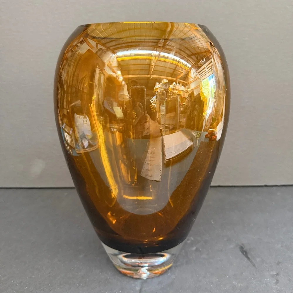 Amber Poland Poland Vase Hand Blown Amber Glass Heavy Base Teardrop 10.5in